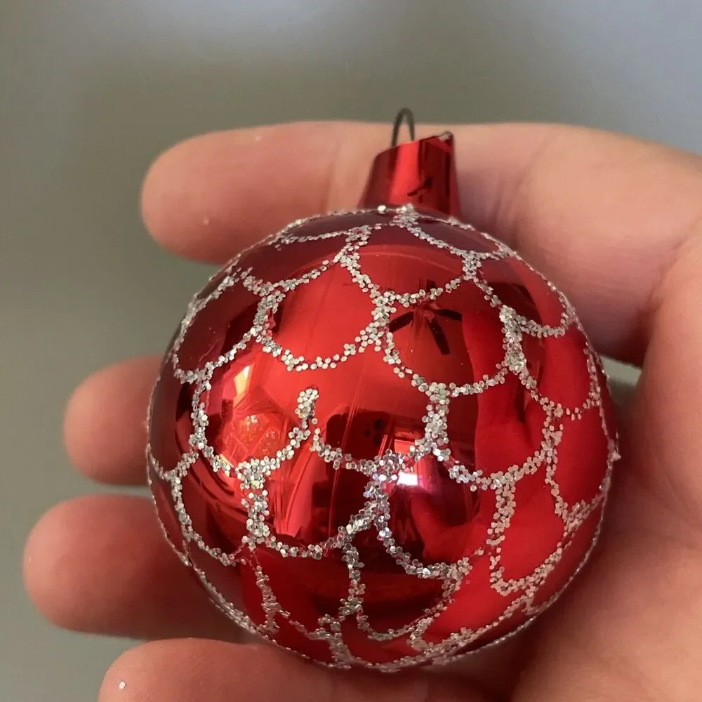 Vintage Hand Painted Blown Glass Red Ball Scalloped Glitter Christmas Ornament
